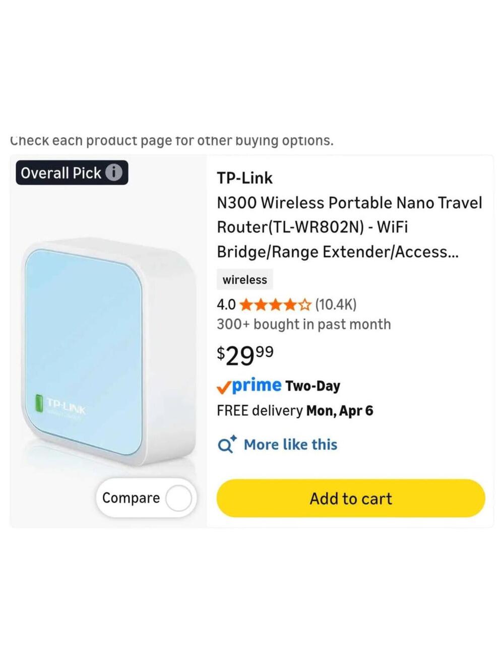 TP-Link Nano Travel Router 300Mbps WiFi Portable Router